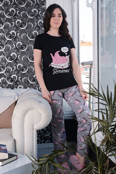 AVORWE Set de pijamale cu mâneci scurte și fund lung cu imprimeu pisică dormită