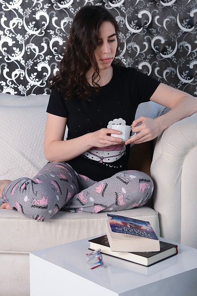 AVORWE Set de pijamale cu mâneci scurte și fund lung cu imprimeu pisică dormită
