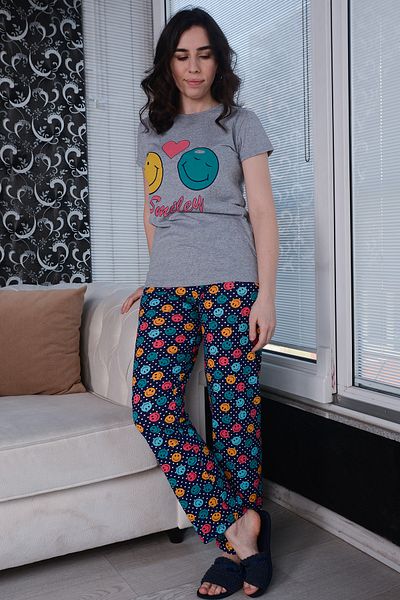AVORWE Smiley Written Smiling Face Emoji Printed Short Sleeve Top and Long Bottom Pajamas Set