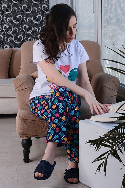 AVORWE Set de pijamale cu mânecă scurtă și fund lung cu imprimeu emoji cu fața zâmbitoare