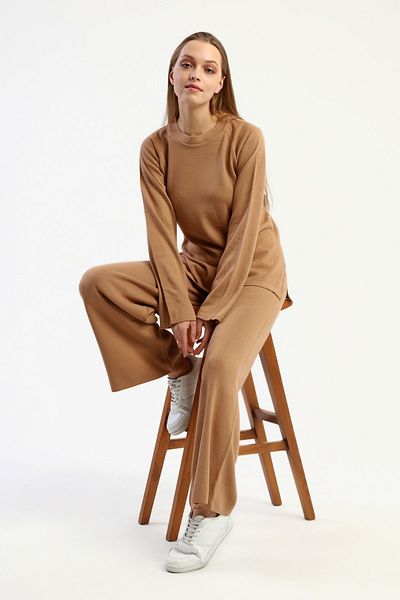 1Moda1Tarz Women's Mink Crew Neck Belted Knitwear Bottom-Top Set Comfortable Fit Detail Elastic Waist