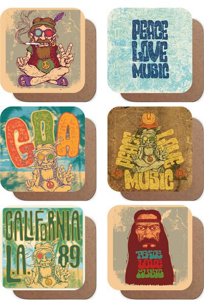 Hayat Poster Hippie Dad Peace Music Love Themed Set of 6 Retro Wooden Coasters