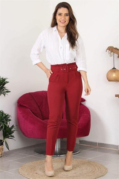 Neşeli Butik Women's New Season Belted Office Pants with Pockets Qns017