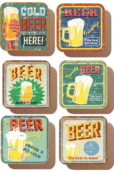 Hayat Poster Here Retro Set of 6 Wooden Coasters