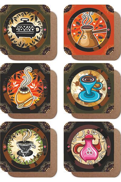 Hayat Poster Colorful Retro Tea Coffee Themed 6-Piece Wooden Coasters Set-2