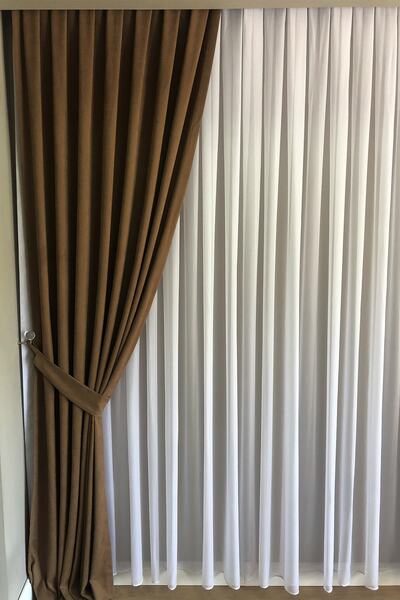 Beythome Açık Kahve Soft Kadife Fon Perde - Pileli Tek Kanat