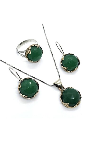Doğan Silver Kök Zümrüt Taşlı Otantik Gümüş Üçlü Set Dgn21021