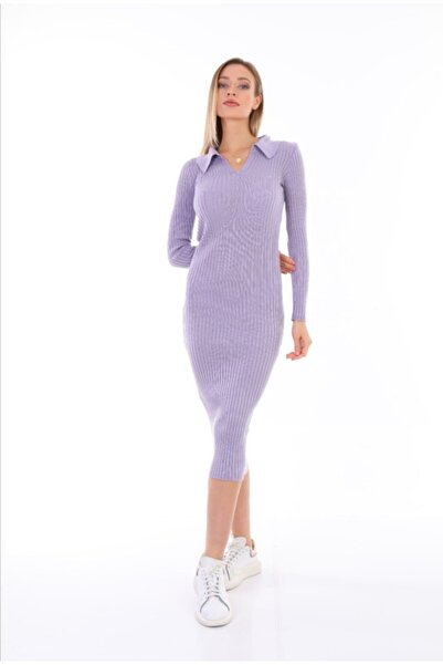 MODA MAÇKA PARK Moda Maçka Park Lila Rengi Fitilli Likralı Polo Yaka Triko El...