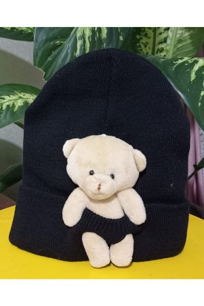 rüya butik Плюшена шапка за възрастни с черна плюшена мечка