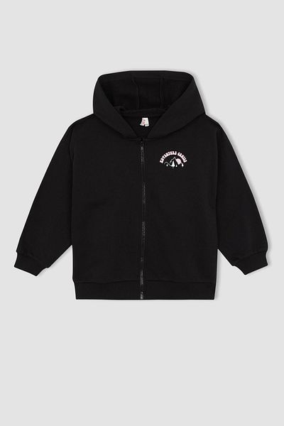 DeFacto Girl's Hooded Slogan Printed Cardigan