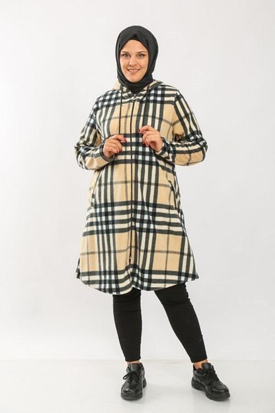 Aşkı Endam Φούτερ με κουκούλα με φερμουάρ Fleece - Μπεζ τέσσερις γραμμές