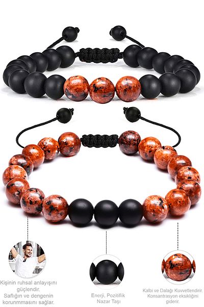 Tesbih Atölyesi Natural Red Coral Onyx Stone Bracelet Set - Certified