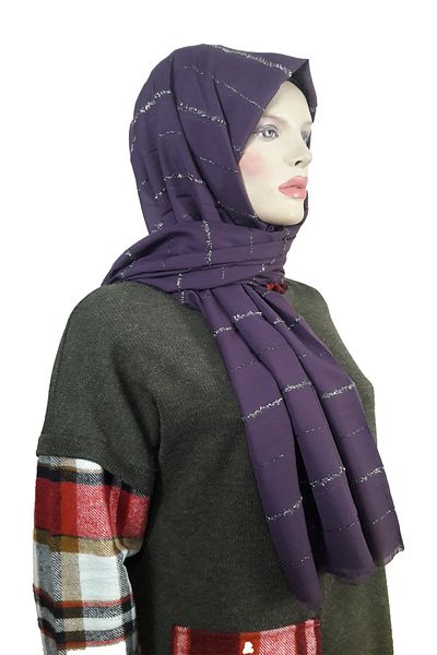 Modakaşmir Fashion Cashmere Glittered Striped Purple Shawl