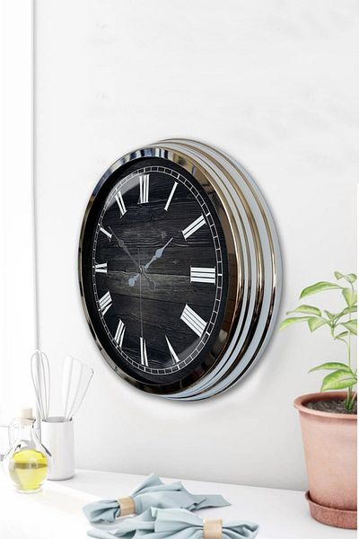 Kasva Concept 40 Cm Crom Metal Lemn Numere Romane Ceas de Perete Cadou