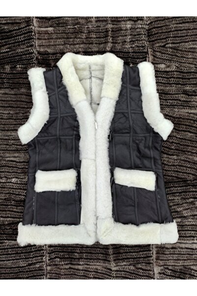 DERİHOME Kadın Içi Kürklü Hakiki Deri Beyaz Tüylü Siyah Yelek