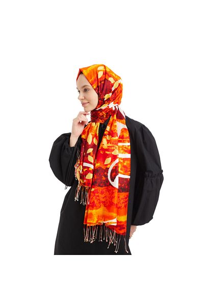 QOZA Patterned Modal Silk Shawl - Sunset Pattern - Orange