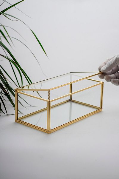 El Crea Designs 23x12x8cm Brass Gold Brass Glass Box with Lid Jewelry Accessory Ring Organizer Wedding Engagement Promise