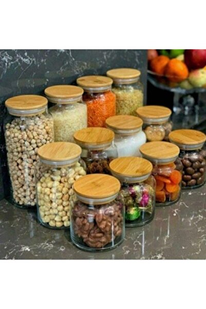 Kitchen Pembelia طقم برطمانات تخزين زجاجية 12 قطعة مع غطاء من الخيزران + ملصق