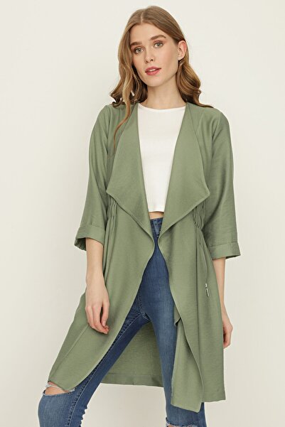 Select Moda Kadın Haki Şal Yaka Beli Lastikli Uzun Ceket