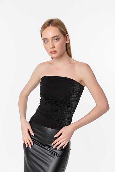 Laranor Μαύρη Glitter Scuba Crepe Στράπλες Μπλούζα