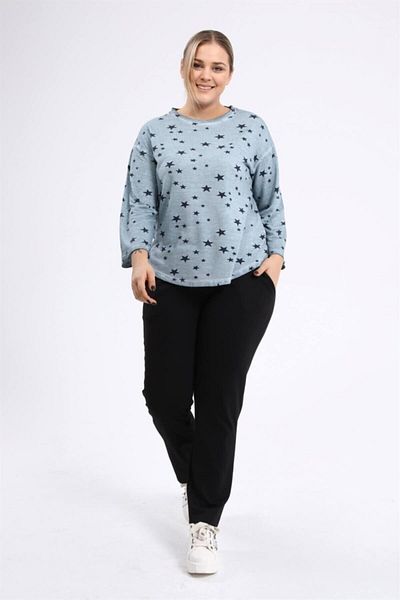 Seamoda Light Blue Star Printed Oil Wash Sweatshirt