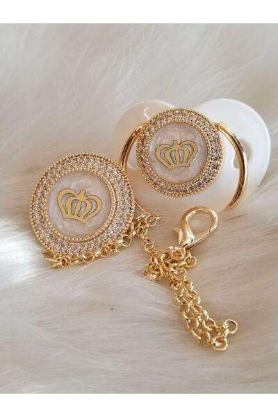 QUEEN AKSESUAR Special Design Luxury Crystal Stoned King Crowned White Gold Baby Pacifier Strap Set Special Boxed Gift