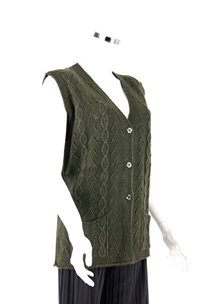 Oppland Жіночий зелений зимовий светр з трьома ґудзиками спереду, кишенями, в'язаний, прямого крою, з вовняної тканини, мама-жилетка