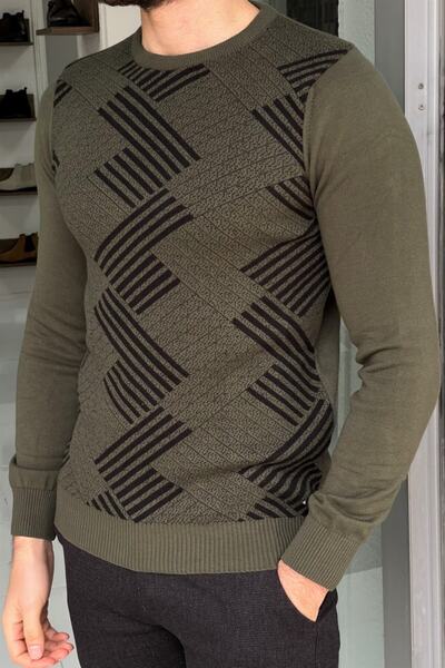 NAZEF Slim-Fit Patterned Crew Neck Khaki Color Knitwear Sweater