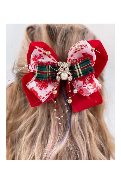 QUEEN AKSESUAR Luxury Special Design Red Velvet Bow Metal Teddy Bear with Brooch Pearl Adult Children's Buckle Clip Buckle