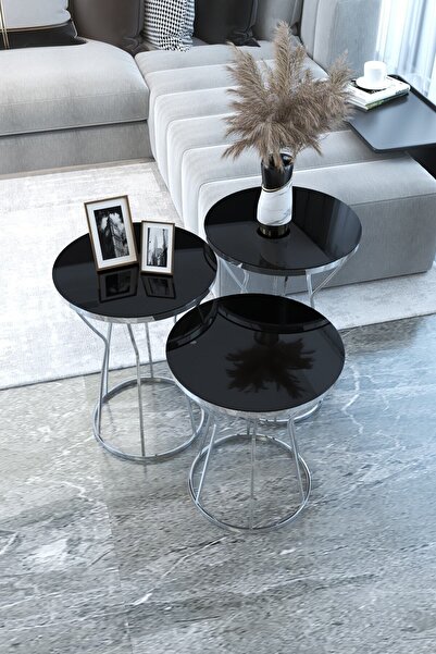 Puklife Kum Saati 3'lü Zigon Sehpa Takımı Gümüş Ayak - Siyah Ayna