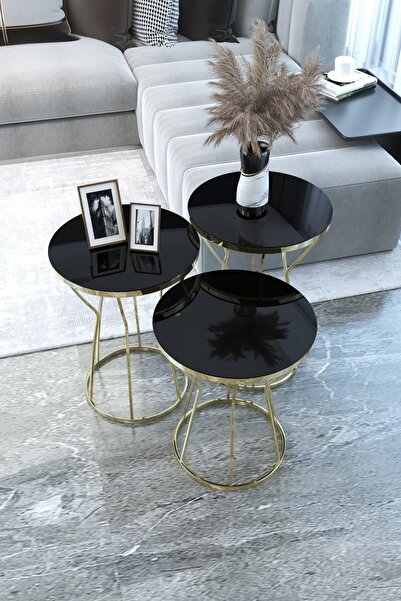 Puklife Kum Saati 3'lü Zigon Sehpa Takımı Gold Ayak - Siyah Ayna