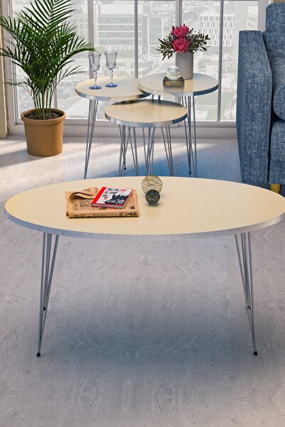 GOLDFALEZ Zigon Sehpa Ve Orta Sehpa Elips Set Gümüş Krem Tel