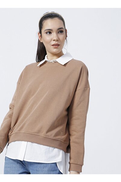 Fabrika Ravello-y Bisiklet Yaka Crop Düz Deve Tüyü Kadın Sweatshirt