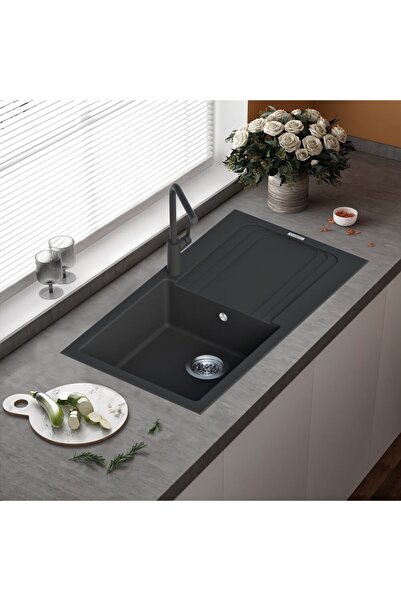 Vıvıano | | 50x86 Cm 1 Göz Xl Küvet Ankastre Siyah Granit Evye Sifon