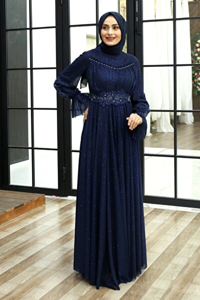 Feiza Collection Güpür Detaylı Tesettür Abiye Elbise - Lacivert