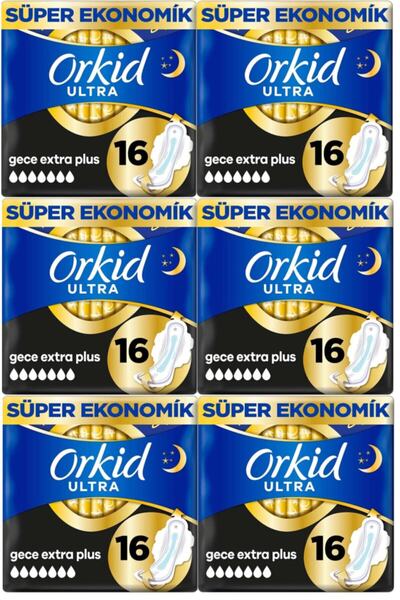 Orkid Ultra Extra Dörtlü Gece Extra Plus 5 No 16'lı X 6= 96 Adet