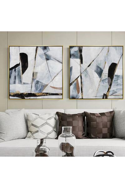 Markazip Altın Metal Çerçeveli 70x70cm Ikili Gri Gold Soyut Kanvas Tablo Lk478-a