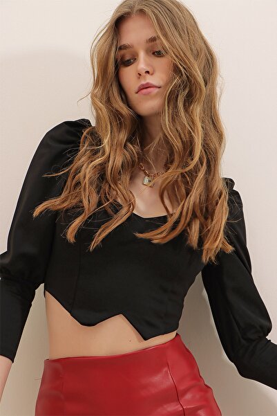 Trend Alaçatı Stili Women's Black V-Neck Balloon Sleeve Crop Blouse ALC-X7747