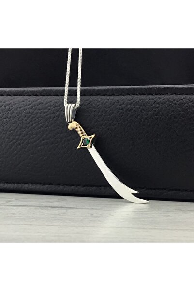 Forenza Zulfikar Kılıç Model Yeşil Taşlı Erkek Gümüş Kolye