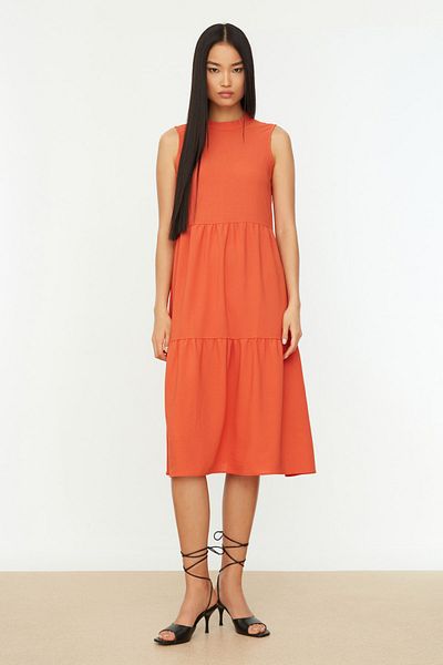 Trendyol Collection Orange Shift/Straight Cut Stand Collar Midi Woven Dress TWOSS20EL1864