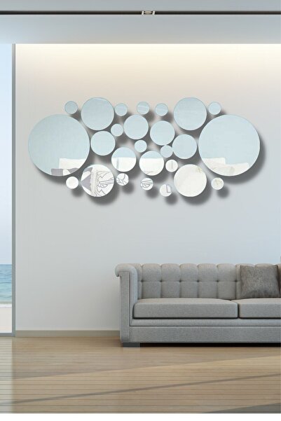 NT Handmade Gümüş Pleksi 26 Parça Yuvarlak Ayna Duvar Dekoru Salon Oturma Yat...
