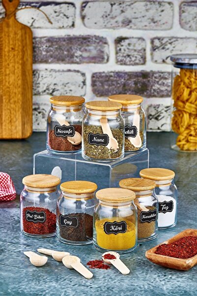 FBZhome 300 ml 8 Adet Cam Kavanoz Baharatlık Ve 8 Adet Baharat Kaşığı (65 ADE...