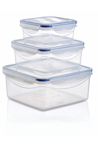 Melkan Home Lockable Lid Storage Container Set of 3 Square Storage Container Set Transparent 0.53 Lt + 1.2 Lt + 2.5 Lt