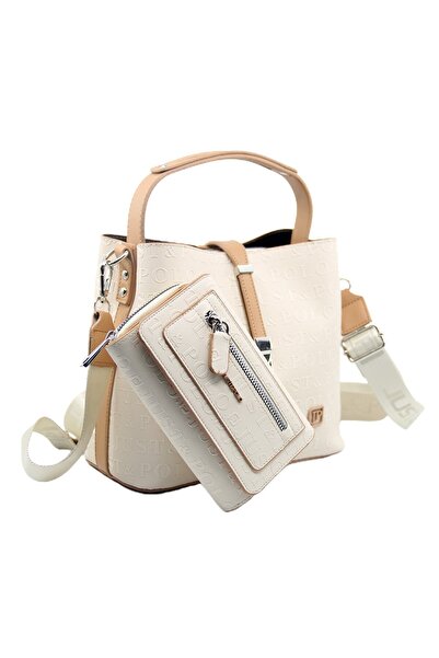 Just Polo Kilit Detaylı Krem Kadın Cüzdan ve Omuz Çanta Kombini Pbu4002-1006