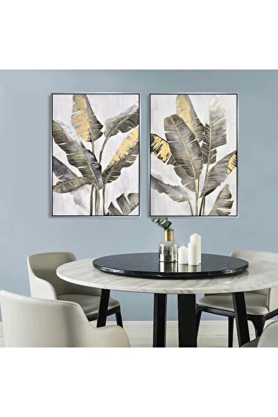 Markazip Gümüş Metal Çerçeveli 50x70cm Ikili Vizon Gold Yapraklar Kanvas Tablo Lk479-g