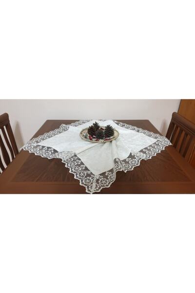 Eren Home Kadife Fiskos Örtüsü Güpürlü 90x90 Ekru