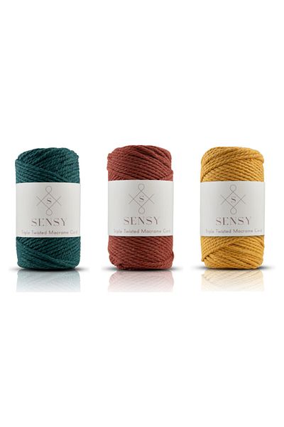 SENSY Premium 3 Twist Rope 3mm Three Twist Scanned Macrame Rope Rope Set of 3 Naphti Green-brick-mustard