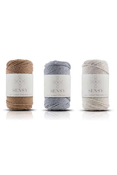 SENSY Premium 3 Twist Macrame Rope 3mm Three Twist Scanned Rope Rope Set of 3 Milk Brown-Light Grey-ecru
