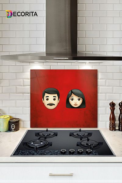 Decorita Familia Emoji |   Femei și bărbați |   Protector de spate pentru aragaz din sticla |   52 cm x 60 cm