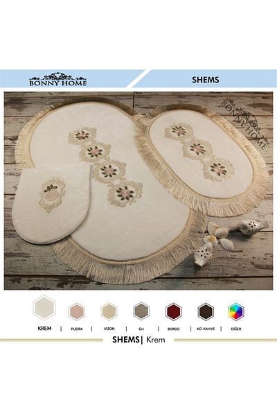 Bonny Home Shems Cream 3 τεμαχίων Δαντελένιο και κρόσσια Σετ Τουαλέτας Σετ Χαλάκι Μπάνιου